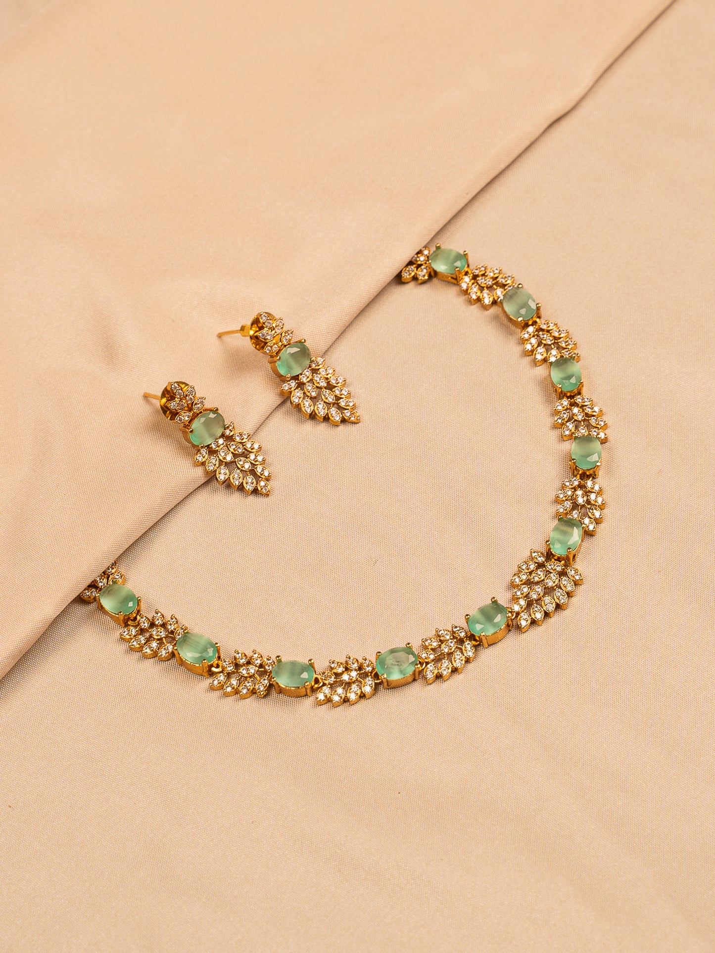 Mint Green Stone Necklace Set with Leaf Crystal Detailing