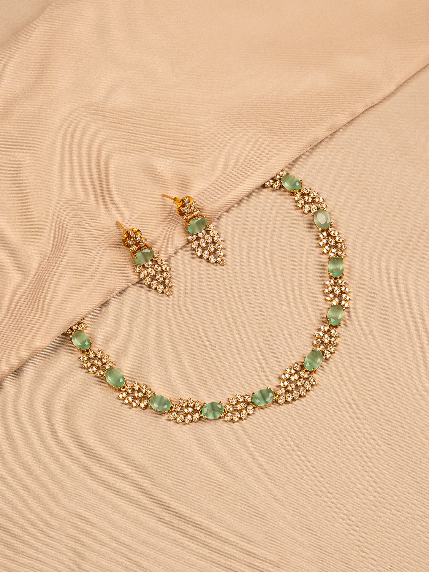 Mint Green Stone Necklace Set with Leaf Crystal Detailing