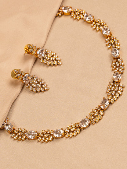 Classic Oval Crystal Necklace Set with Gold Leaf Accents