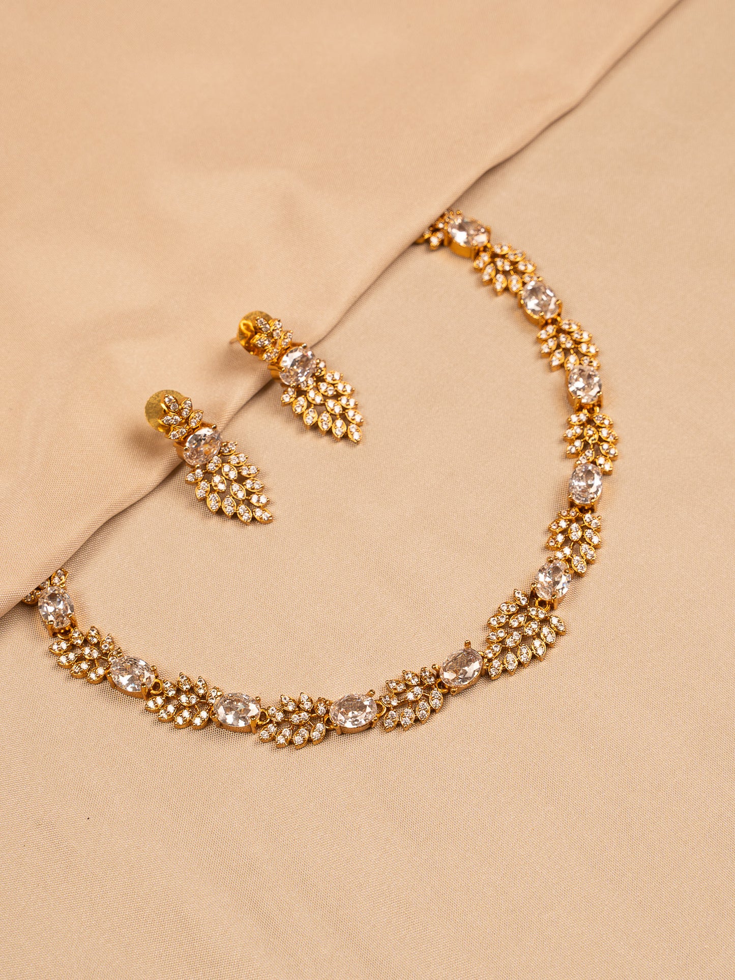 Classic Oval Crystal Necklace Set with Gold Leaf Accents