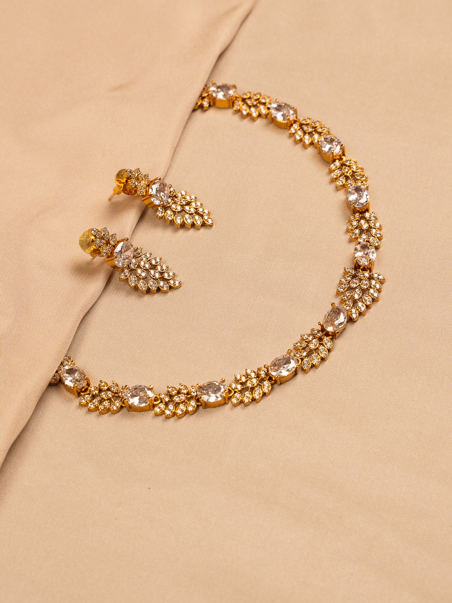 Classic Oval Crystal Necklace Set with Gold Leaf Accents