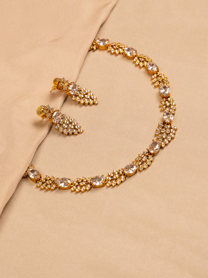 Classic Oval Crystal Necklace Set with Gold Leaf Accents