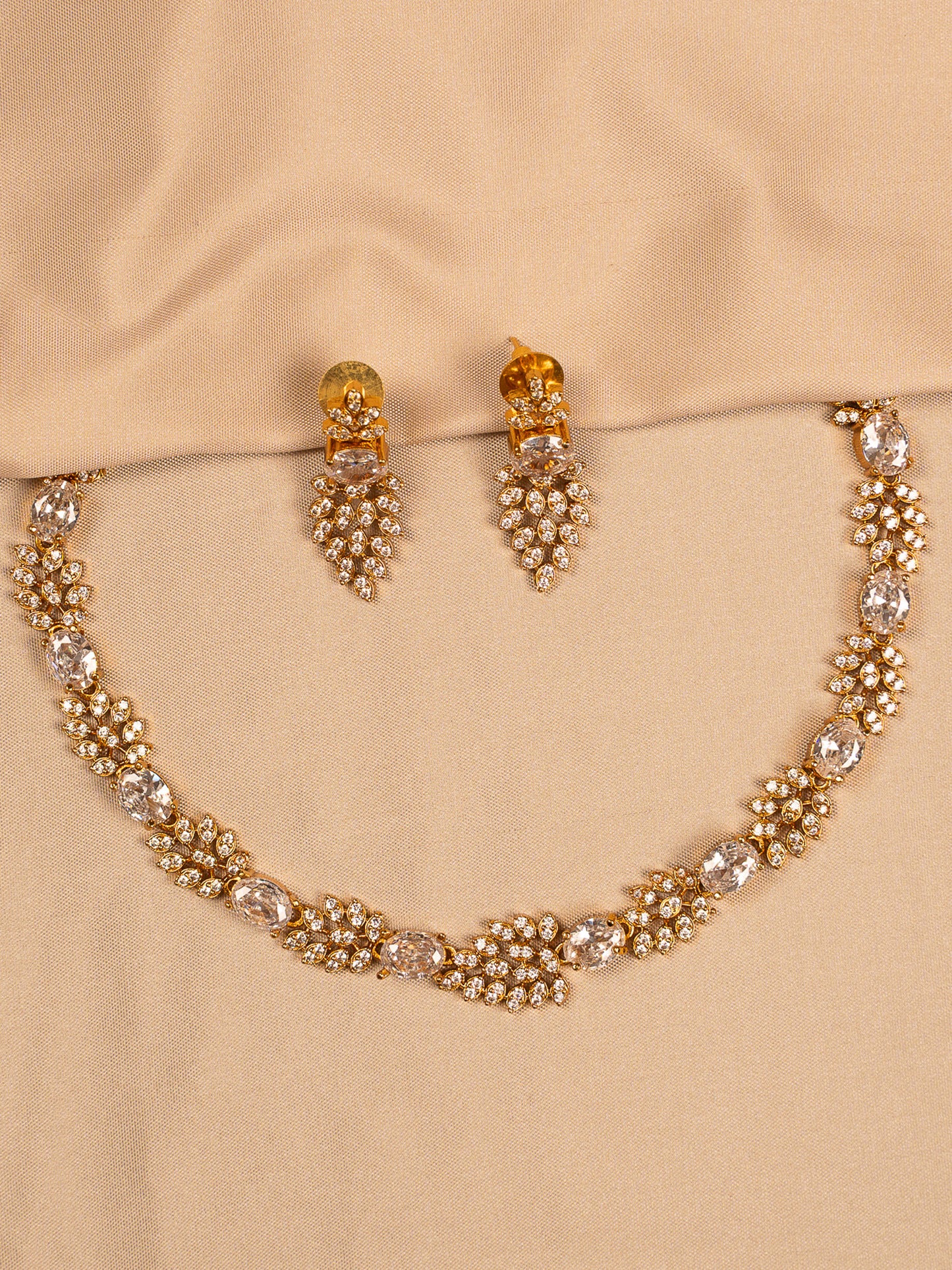 Classic Oval Crystal Necklace Set with Gold Leaf Accents