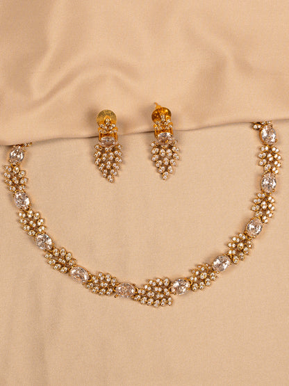 Classic Oval Crystal Necklace Set with Gold Leaf Accents