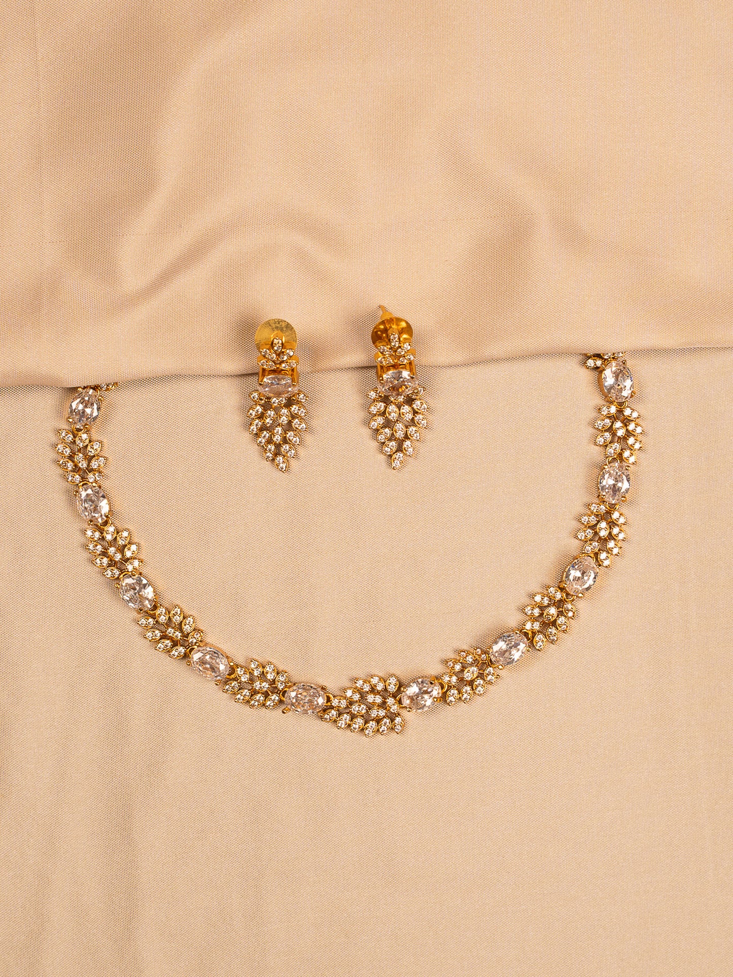 Classic Oval Crystal Necklace Set with Gold Leaf Accents