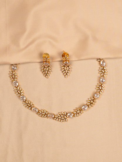 Classic Oval Crystal Necklace Set with Gold Leaf Accents