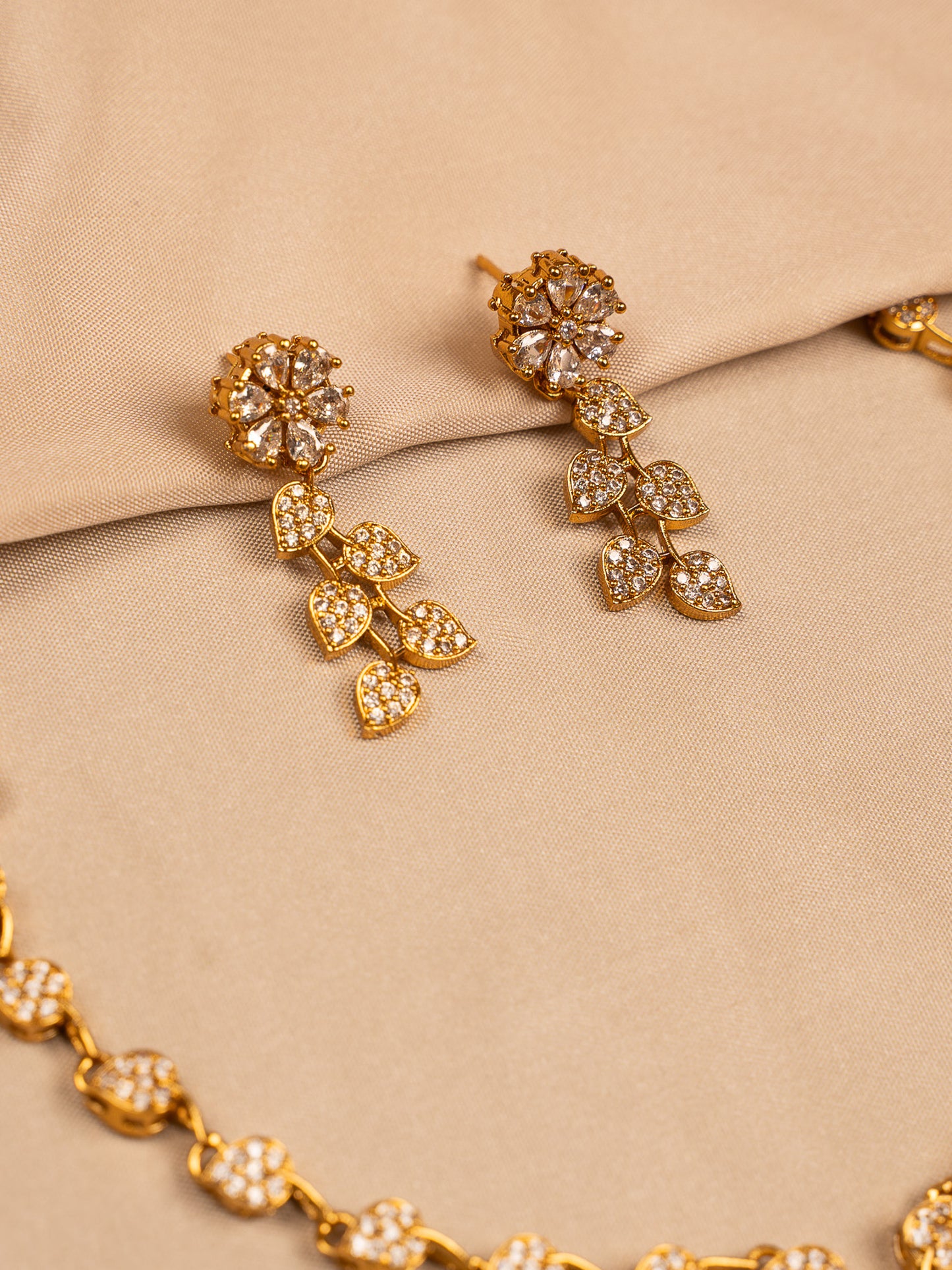 Gold-Plated Floral Crystal Necklace Set with Earrings