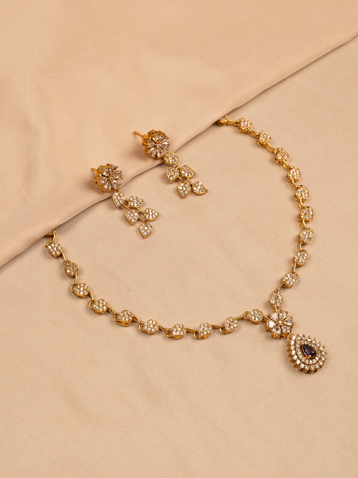 Gold-Plated Floral Crystal Necklace Set with Earrings