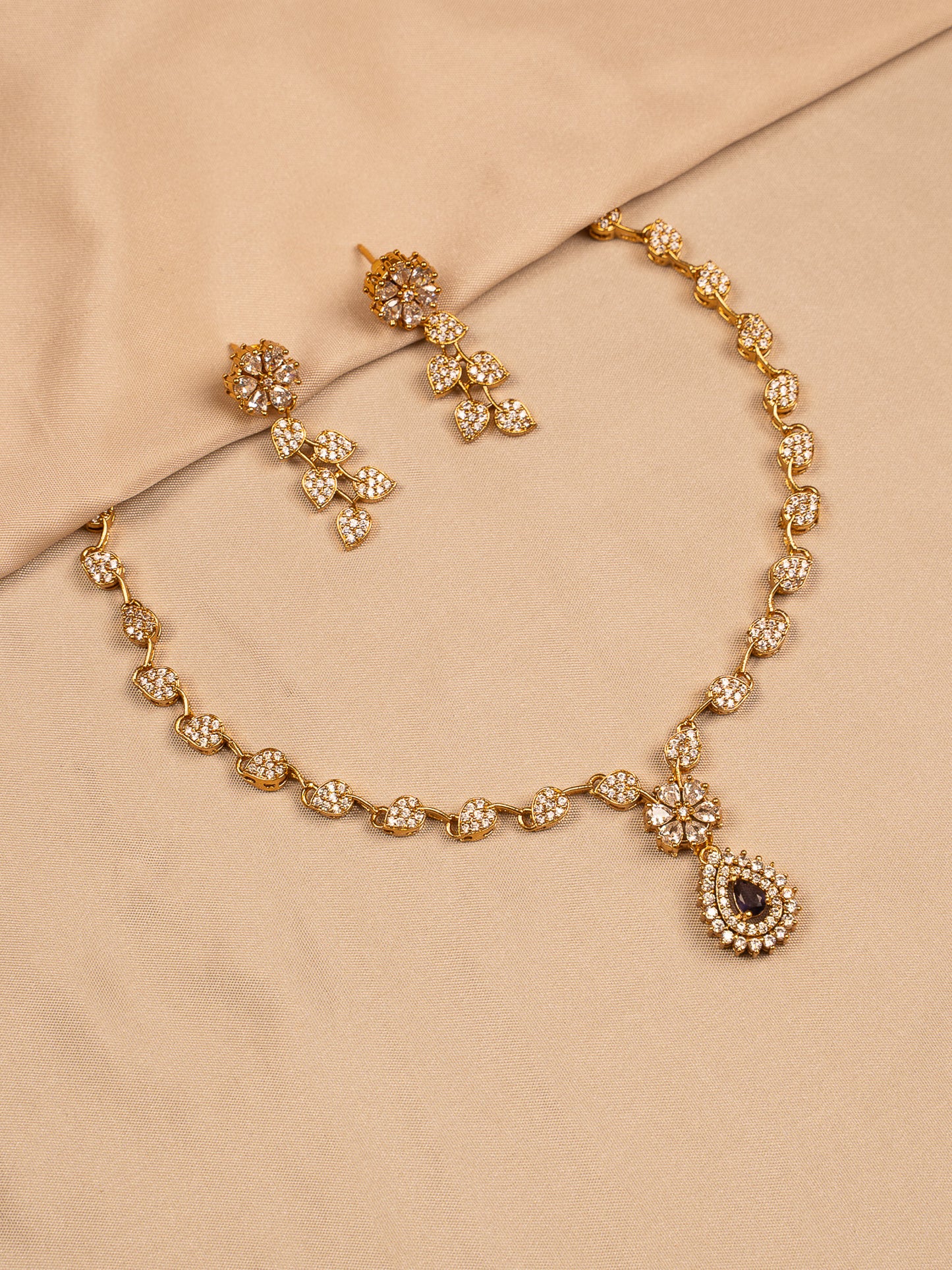 Gold-Plated Floral Crystal Necklace Set with Earrings