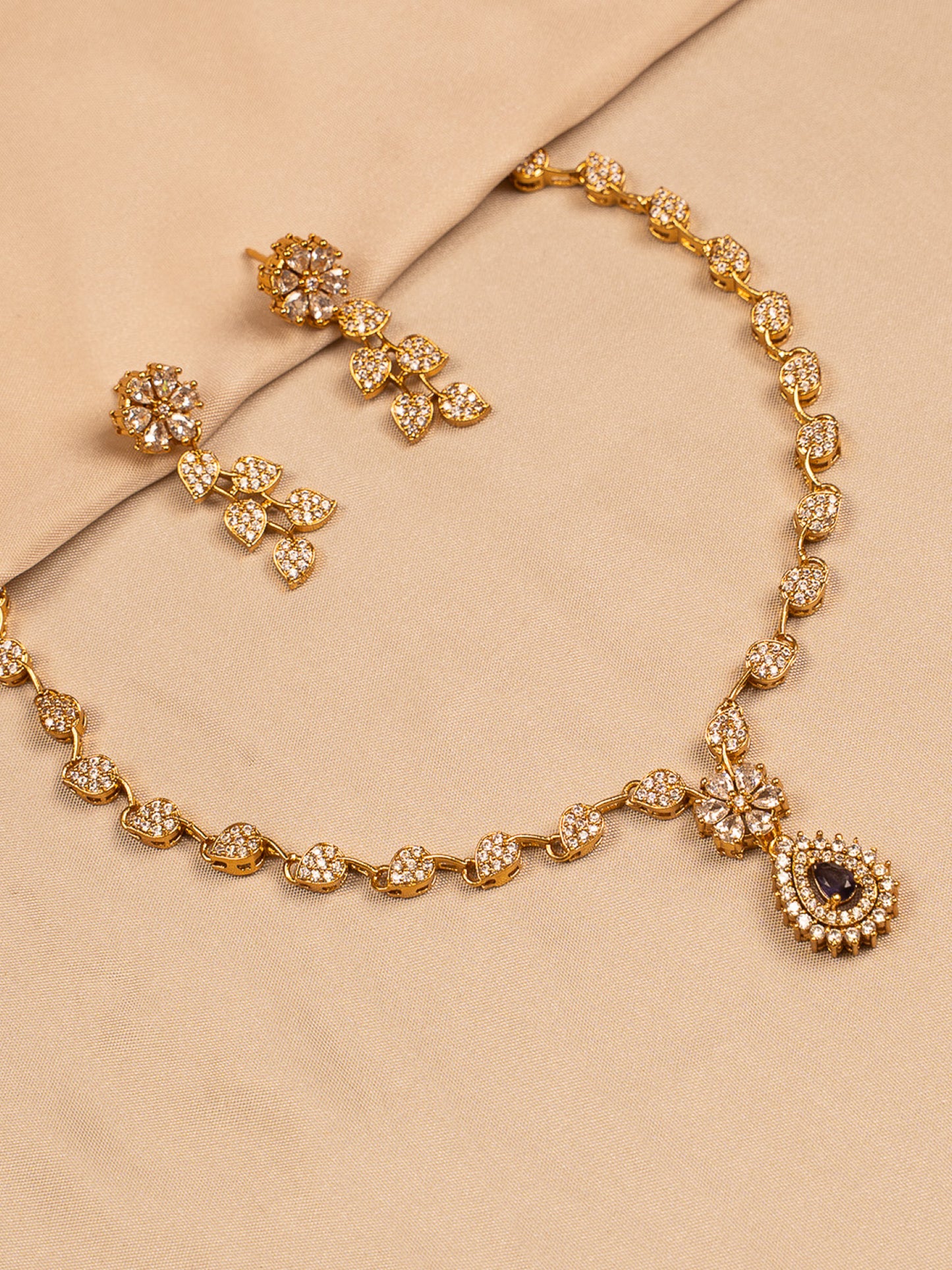 Gold-Plated Floral Crystal Necklace Set with Earrings