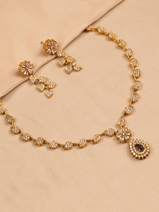 Gold-Plated Floral Crystal Necklace Set with Earrings