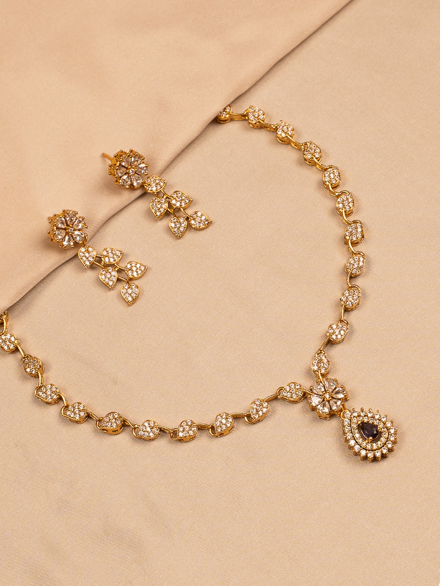 Gold-Plated Floral Crystal Necklace Set with Earrings