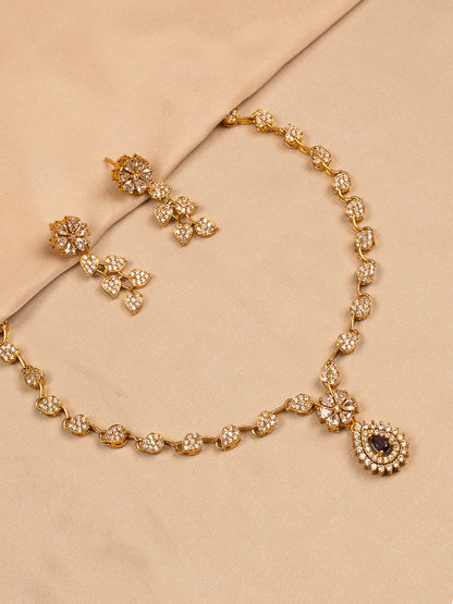 Gold-Plated Floral Crystal Necklace Set with Earrings