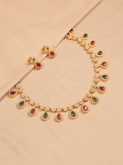 Gold Plated Stone Necklace Set with Green & Ruby Teardrop Charms