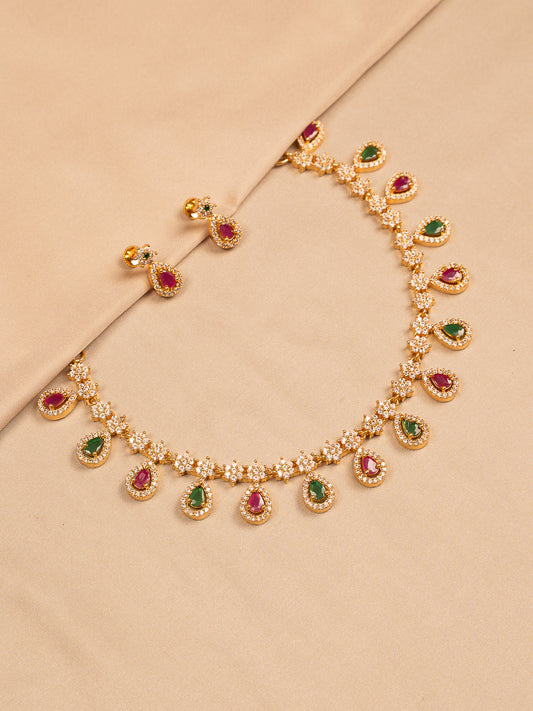 Gold Plated Stone Necklace Set with Green & Ruby Teardrop Charms