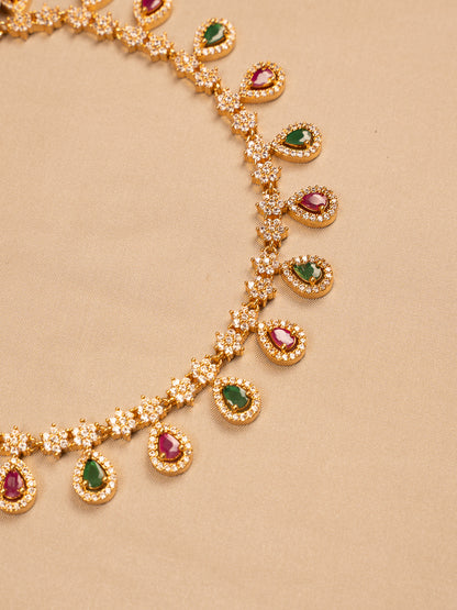 Gold Plated Stone Necklace Set with Green & Ruby Teardrop Charms