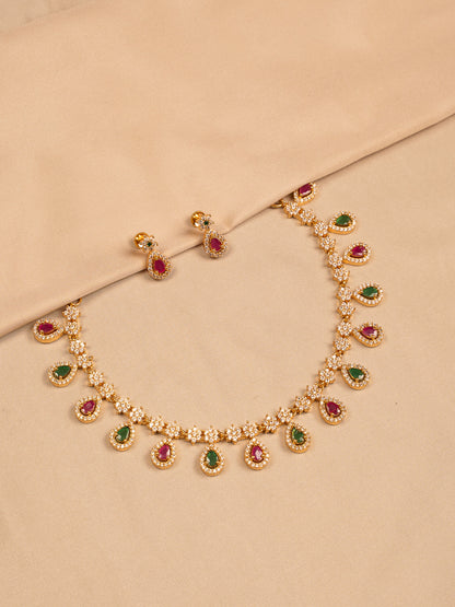 Gold Plated Stone Necklace Set with Green & Ruby Teardrop Charms