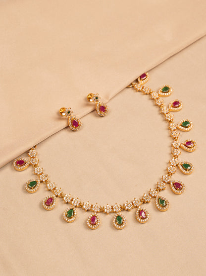 Gold Plated Stone Necklace Set with Green & Ruby Teardrop Charms