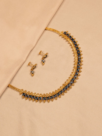 Gold-Plated Choker Set with Sapphire Blue Stones & Matching Studs