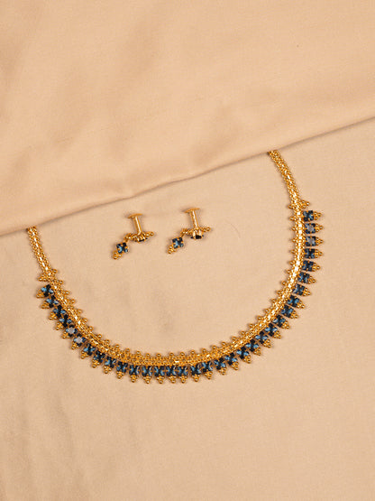 Gold-Plated Choker Set with Sapphire Blue Stones & Matching Studs