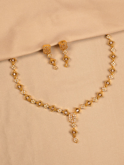 Gold Plated Geometric Necklace Set with American Diamond Accents