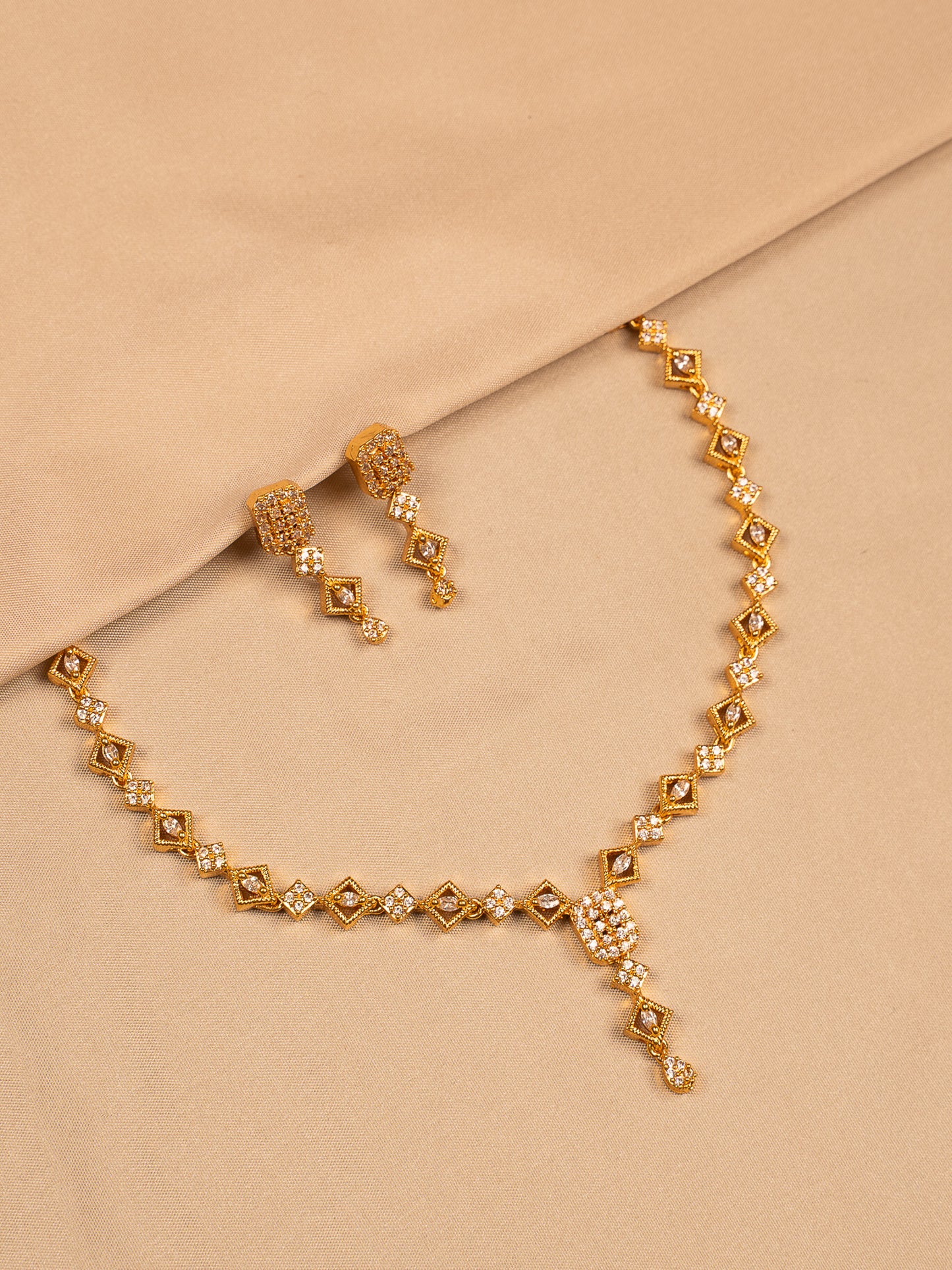 Gold Plated Geometric Necklace Set with American Diamond Accents