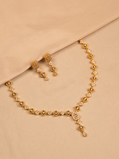 Gold Plated Geometric Necklace Set with American Diamond Accents