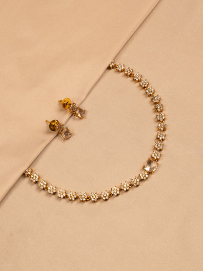 Floral Crystal Gold Necklace Set with Stud Earrings