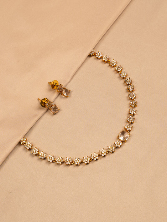 Floral Crystal Gold Necklace Set with Stud Earrings