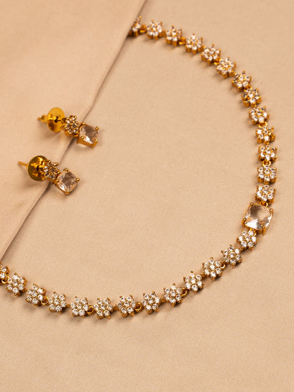 Floral Crystal Gold Necklace Set with Stud Earrings