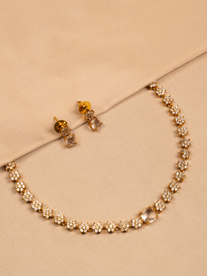 Floral Crystal Gold Necklace Set with Stud Earrings