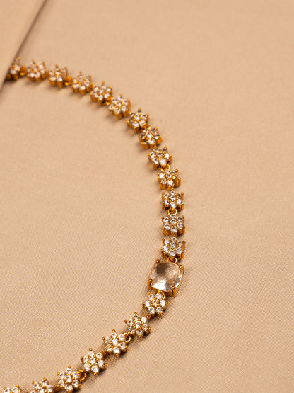 Floral Crystal Gold Necklace Set with Stud Earrings
