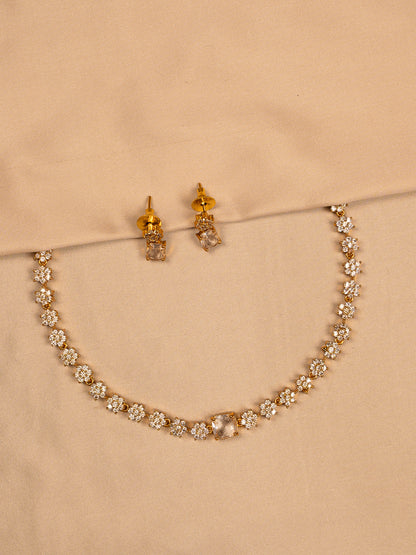 Floral Crystal Gold Necklace Set with Stud Earrings