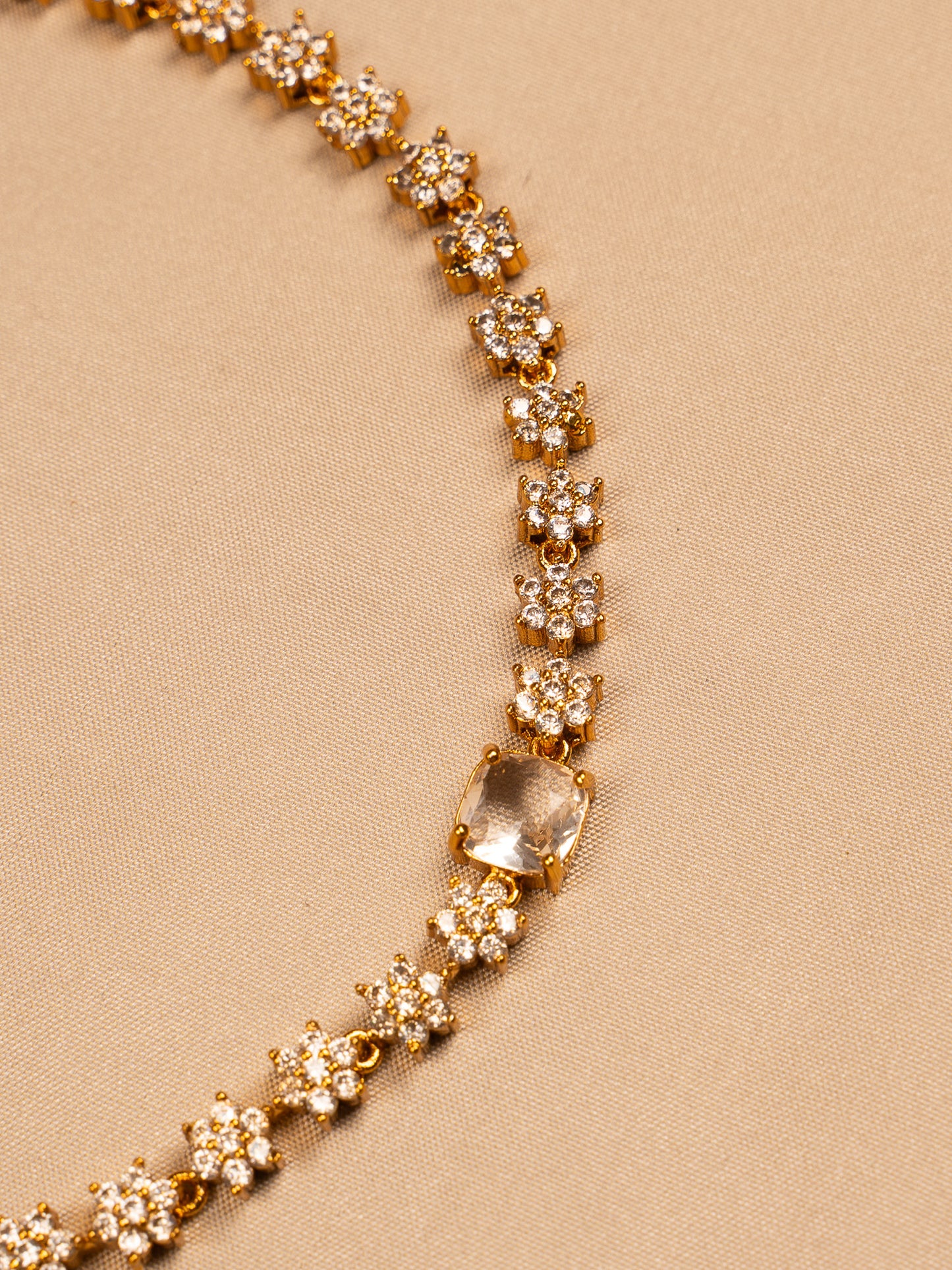 Floral Crystal Gold Necklace Set with Stud Earrings
