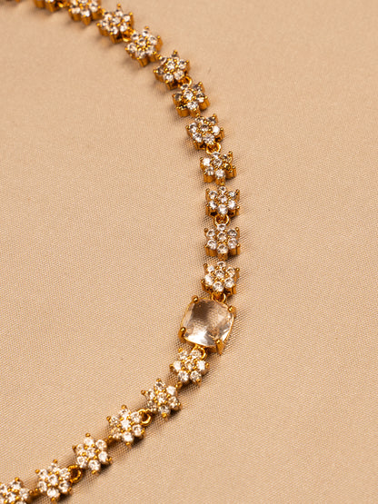 Floral Crystal Gold Necklace Set with Stud Earrings