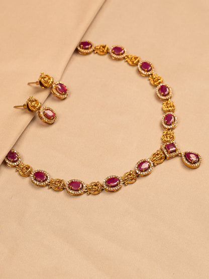 Regal Ruby Oval Necklace Set with Textured Gold Links