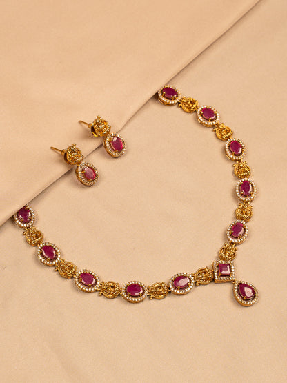 Regal Ruby Oval Necklace Set with Textured Gold Links
