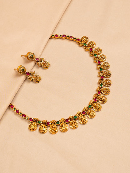 Antique Temple Coin Necklace Set with Ruby & Emerald Accents