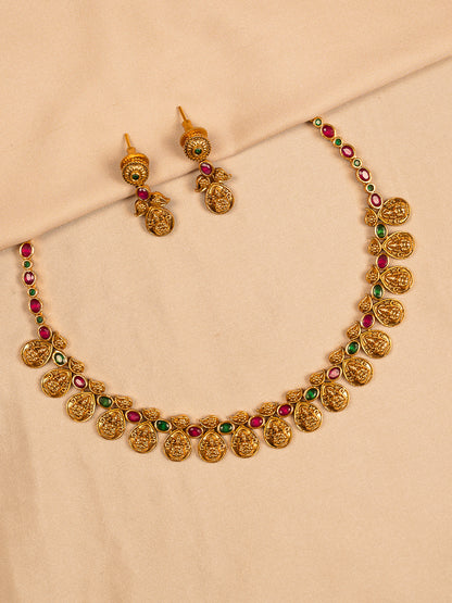 Antique Temple Coin Necklace Set with Ruby & Emerald Accents