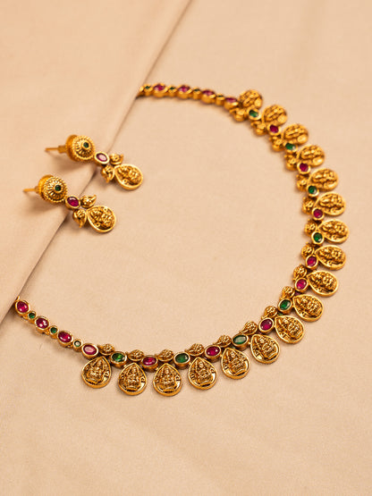 Antique Temple Coin Necklace Set with Ruby & Emerald Accents