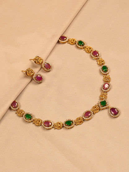 Regal Ruby and Emerald Necklace Set with Gold Filigree and CZ Accents