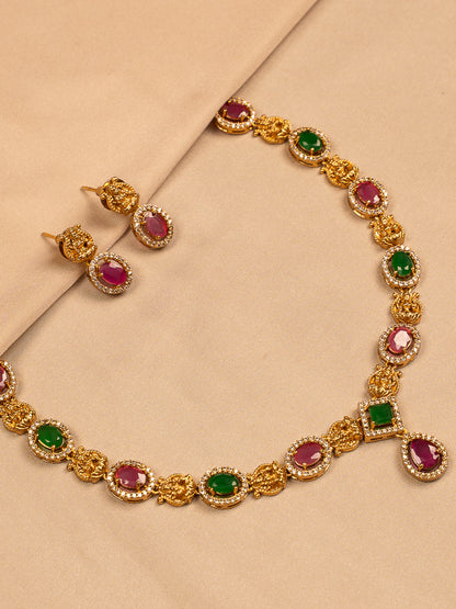 Regal Ruby and Emerald Necklace Set with Gold Filigree and CZ Accents