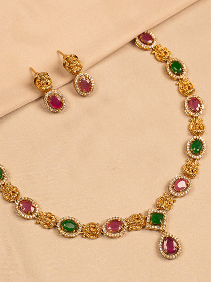 Regal Ruby and Emerald Necklace Set with Gold Filigree and CZ Accents
