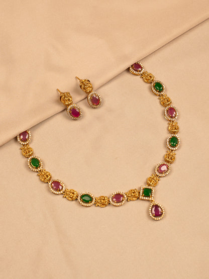 Regal Ruby and Emerald Necklace Set with Gold Filigree and CZ Accents