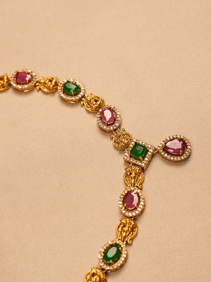 Regal Ruby and Emerald Necklace Set with Gold Filigree and CZ Accents