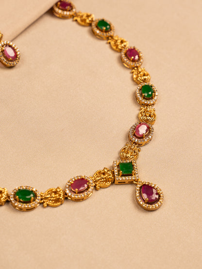 Regal Ruby and Emerald Necklace Set with Gold Filigree and CZ Accents
