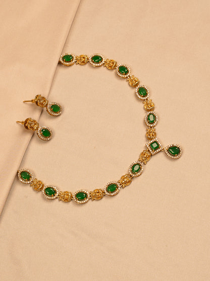 Elegant Green Stone Necklace Set with Gold Filigree Accents