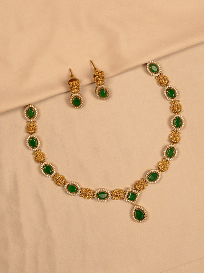 Elegant Green Stone Necklace Set with Gold Filigree Accents