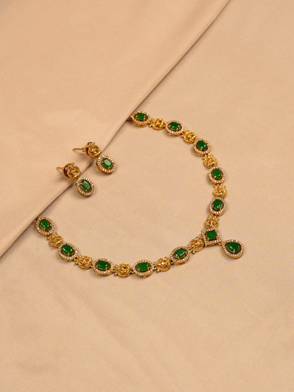 Elegant Green Stone Necklace Set with Gold Filigree Accents
