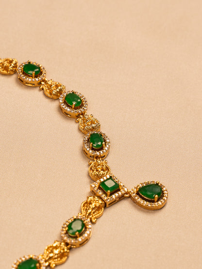 Elegant Green Stone Necklace Set with Gold Filigree Accents